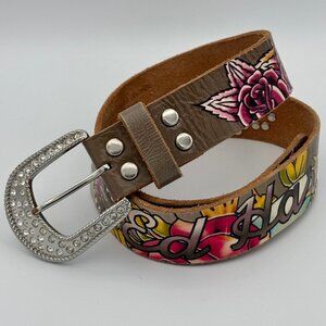 Ed Hardy Y2K Tattoo Graphic Leather Belt Rhinestone Streetwear M Medium Crystals